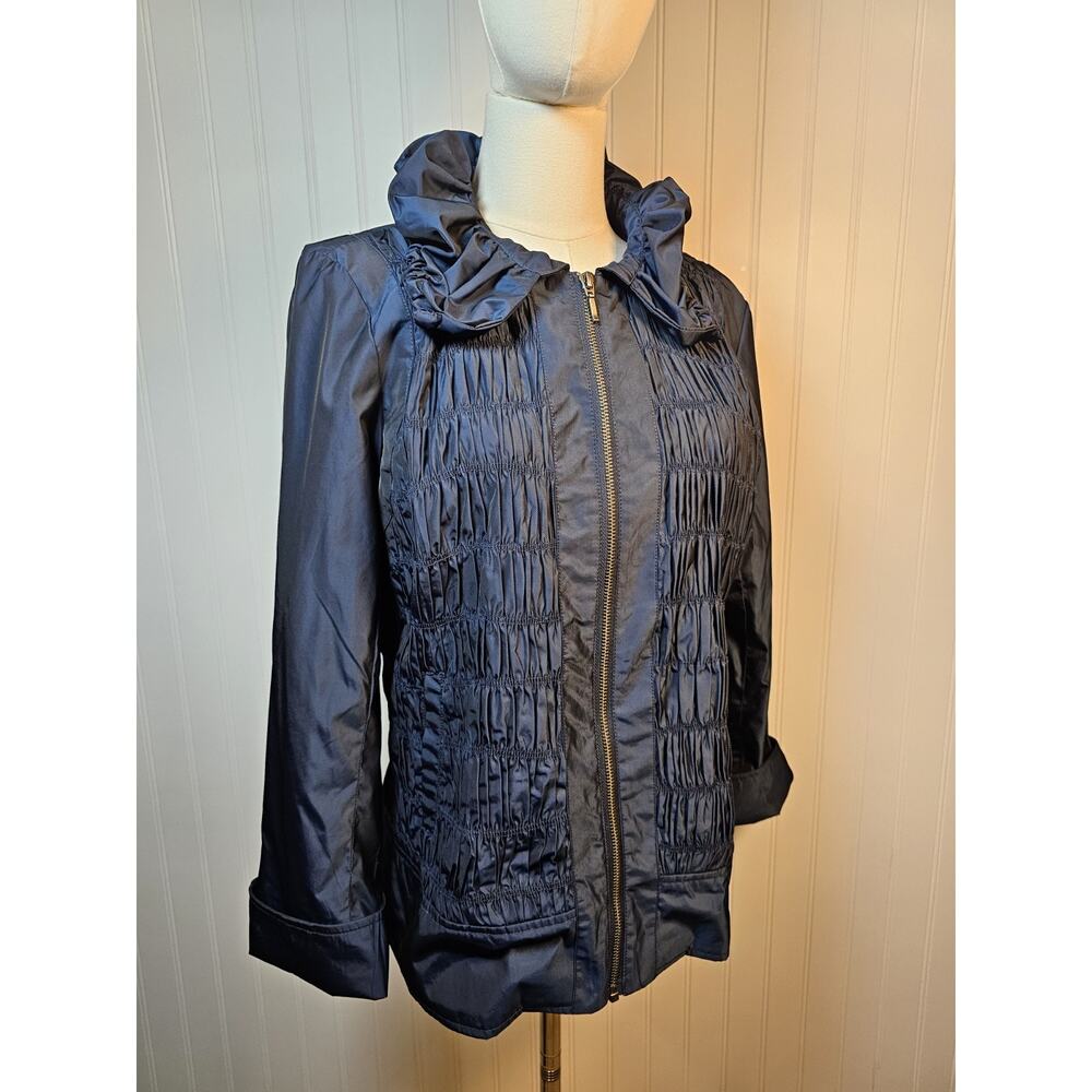 Renuar Pleated Ruffled Zip Up Jacket Women's Size 8 Blue Shiney - Picture 4 of 10